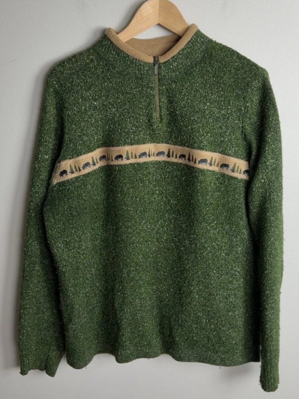 Woolrich Quarter Zip Sweater Size XL Green Moss Bear Tree Pattern Cotton Women’s